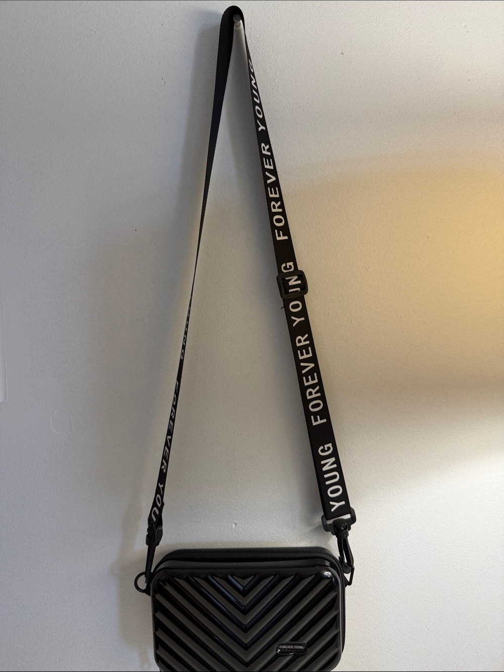 Forever Young Black Chevron Crossbody Bag with Statement Strap